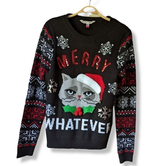 UGLY CHRISTMAS SWEATER | UGLY Grumpy Cat Junior sz M crewneck - Picture 3 of 8